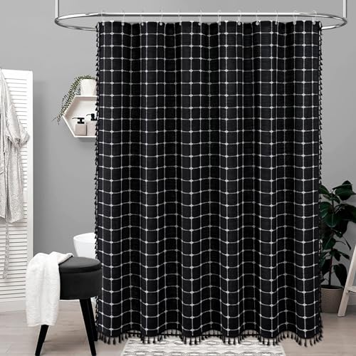 Image of BTTN Boho Farmhouse Shower Curtain, Linen Heavy Duty Fabric Shower Curtain Set with Tassel, Water Repellent, Bohemian Vintage Country Polyester Shower Curtains for Bathroom, Black and White, 72x72