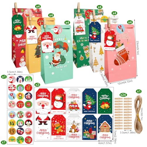 POPOYU Weihnachtskalender zum Befüllen,Adventskalender Papiertüten,2024 Adventskalender zum Befüllen Kinder,Weihnachts-Countdown-Adventskalender-Set,DIY Adventskalender für Kinder Weihnachten Party