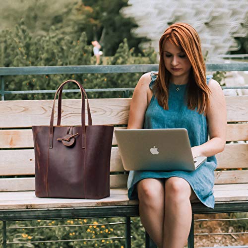 Jack&Chris Premium Leather Tote Bag, Vintage 15"Laptop Bag, Large Shoulder Purse Handbag for Women MC506 Red Brown