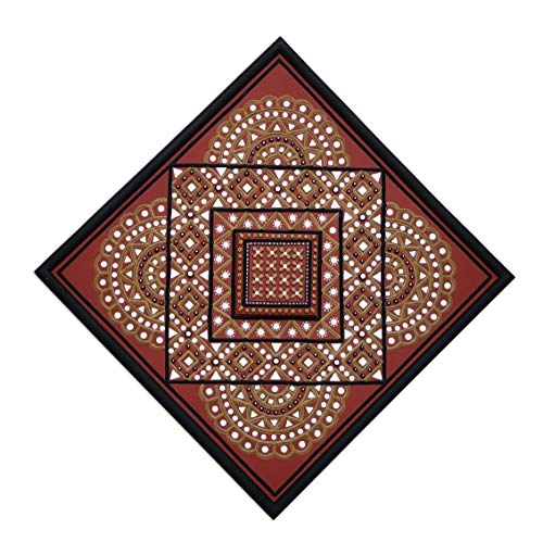 Image of Ethnics of Kutch Traditional Kutch Handicraft Mud-Mirrorwork Lippan Kam Wall Art (Water and Break Resistant) - Square (24 Inch x 24 Inch) - (Maroon - LKT-0001)