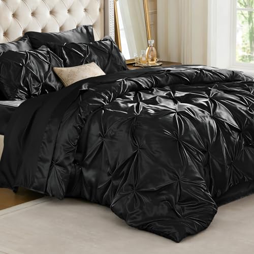Image of BEDELITE Satin Comforter Set Twin Size, 5 Pieces Pintuck Bed in A Bag with Comforter, Flat Sheet, Fitted Sheet, Pillowcases, Shams, Soft Cozy Similar to Silk Bed Set for All Seasons (Black)