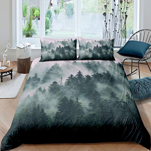 Smoky Mountain Duvet Cover Set Forest Trees Plants Bedding Set Natural Scenery Comforter Cover for Men Adults Landscape Painting Quilt Cover Woodland Decor Bedroom Collection 3Pcs Double Size