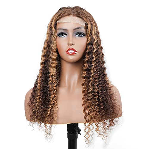 Bly Highlight Human Hair Lace Front Wigs Deep Wave #4/27 Ombre Colored Glueless Wigs Pre Plucked 16 Inch 4X4 Transparent Curly Water Wave Lace Wig Honey Blonde Real Human Hair 180% Density #TOP5