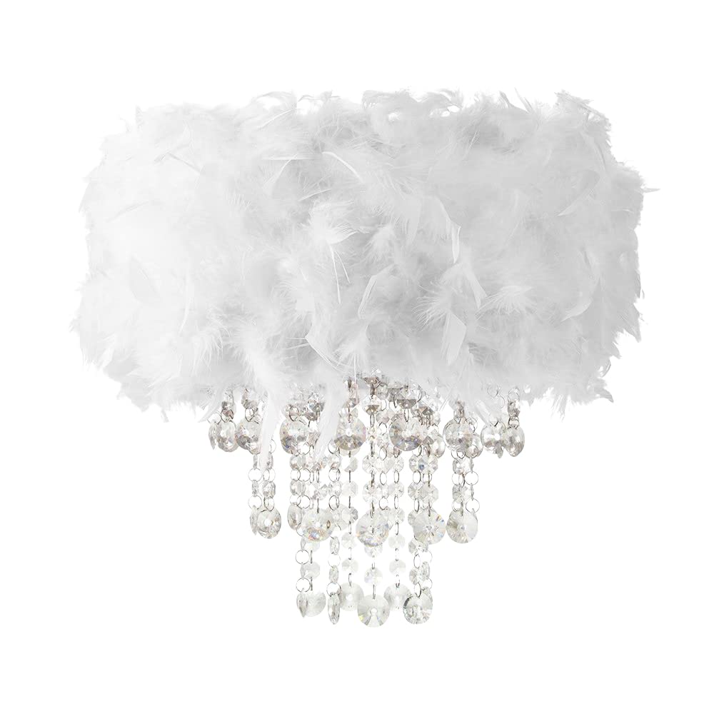 Contemporary Designer Real White Feather Chandelier Pendant Light Shade with Transparent Hanging Acrylic Droplets | 32cm Diameter by Happy Homewares — image 1