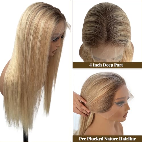 Image of Belaved Highlight Wigs Human Hair Lace Front Ombre 13x4 Straight HD Lace Front Wig Golden Brown to Blonde Balayage Lace Frontal for Women 180% Density Glueless Pre Plucked 18Inch