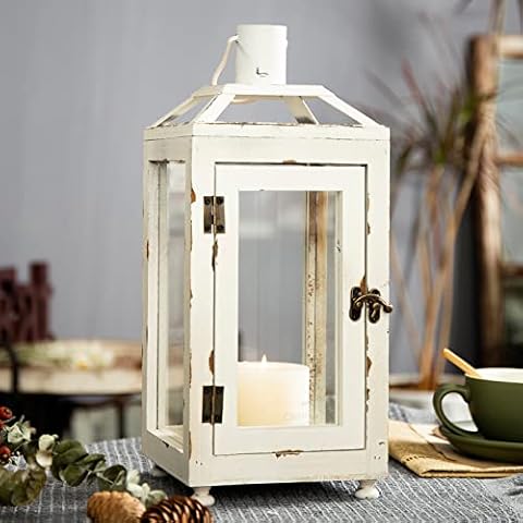 Vintage Decorative Candle Lanterns for Wedding 15" Tall, Hanging Distressed White Farmhouse Pillar Candle Holders with Glass, Rustic Shabby Chic Decor for Home Decor Outdoor Table Fireplace Halloween Cover