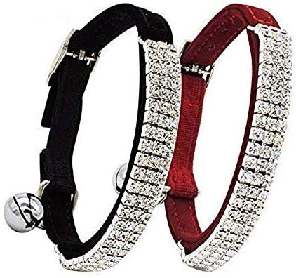 CHUKCHI Soft Velvet Safe Cat Adjustable Collar Bling Diamante with Bells,2 Pcs Black+Red