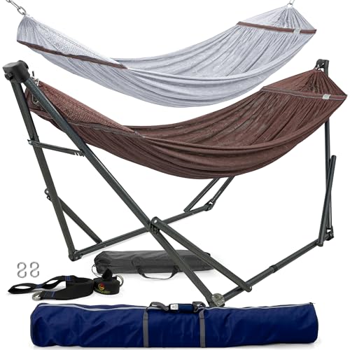 Image of Tranquillo Combo x2 Hammocks with Stand for Outside & Tree Straps, Heavy Duty Hammock with Stand 600lbs for Indoor Outdoor Patio Backyard, x2 Hammocks for 2 Person (Combo - Brown, Medium)