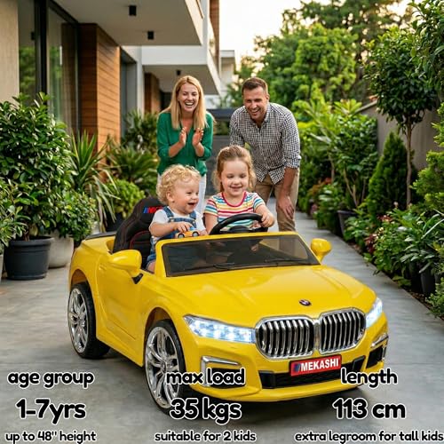 Image of MEKASHI Electric Ride-On Car for Kids 1-7 Years, 12V Battery, Remote Control, 5 Speed, LED Lights, Bluetooth, Glossy Yellow