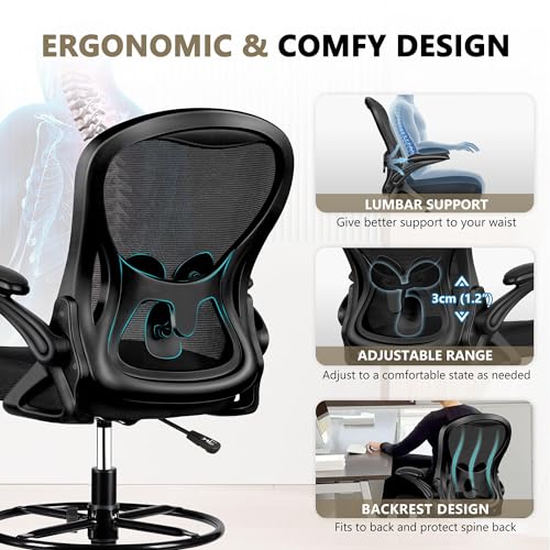 Winrise Drafting Chair, Tall Office Chair Ergonomic Standing Desk Chair, Lumbar Support Computer Chair Swivel Task Rolling Chair With Adjustable Flip-Up Armrests & Foot Ring thumb #2