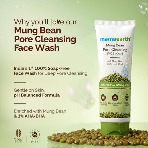 Image of Mamaearth Mung Bean Pore Cleansing Face Wash with Mung Bean, AHA & BHA - 100 ml | For Normal to Oily Skin | India's 1st 100% Soap-Free Face Wash for Deep Pore Cleansing | Made Safe Certified | Oil Control | Tan Removal