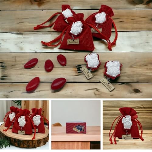 Doni Bomboniere Graduation Favour Set of 12 Red Cotton Bags, 12 Applications Owl Graduation Parchment Touch - Image 3