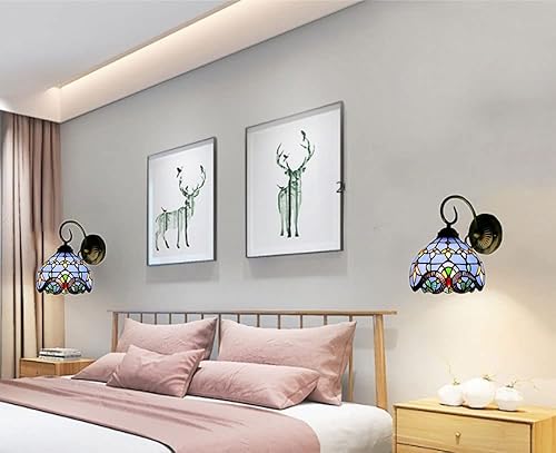 Miniatura 6 de Tiffany - Juego de dos apliques de pared con pilas, control remoto para interiores, regulables, color azul, funciona con pilas, lámpara de pared