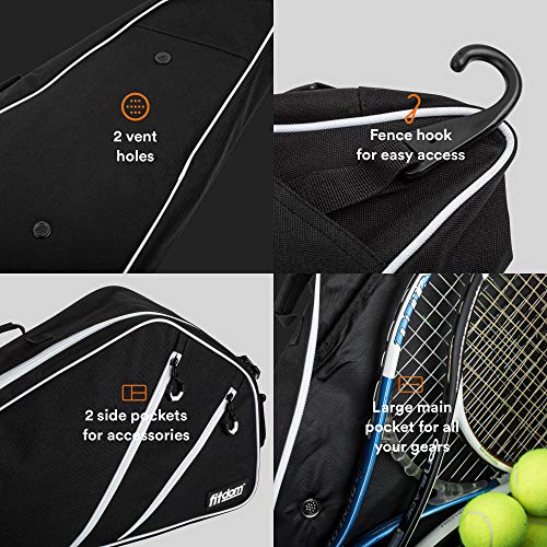 Fitdom Black Tennis Racket Bag - Can Carry Up to 3 Racquets. Perfect for Men, Women, Junior & Kids. Made from Heavy Duty Zipper & Durable Exterior for Your Gears, Towels, Balls and Accessories. - Thumbnail 6