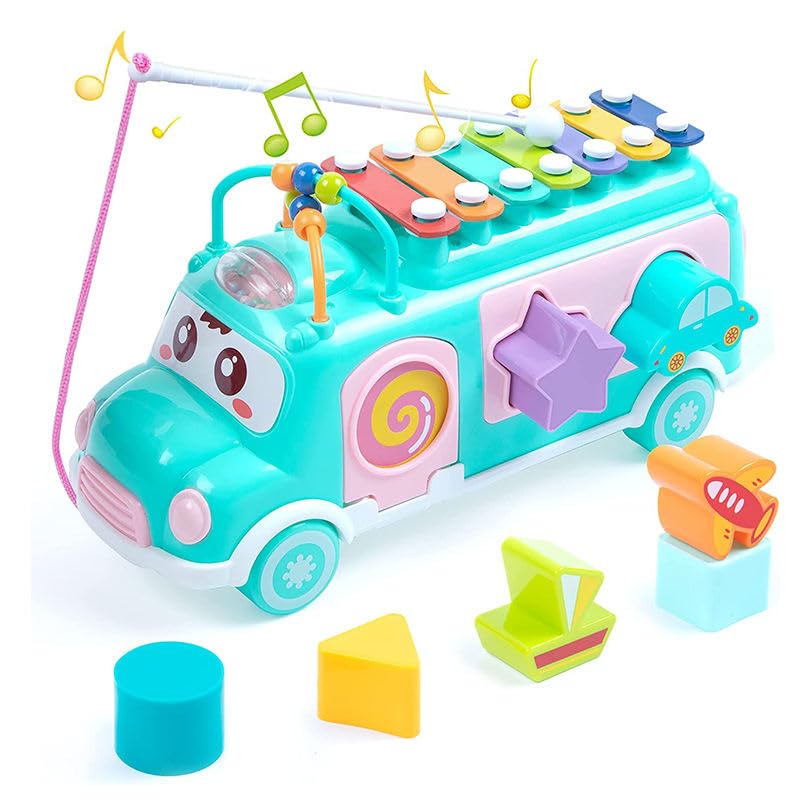Cable World Baby School Bus Xylophone Toy for Toddlers 1-3, Baby Musical Bus Toys for 1 Year Old Girl, Shape Sorting Toys Knocking Xylophone Educational Musical Instruments Toy (Blue)