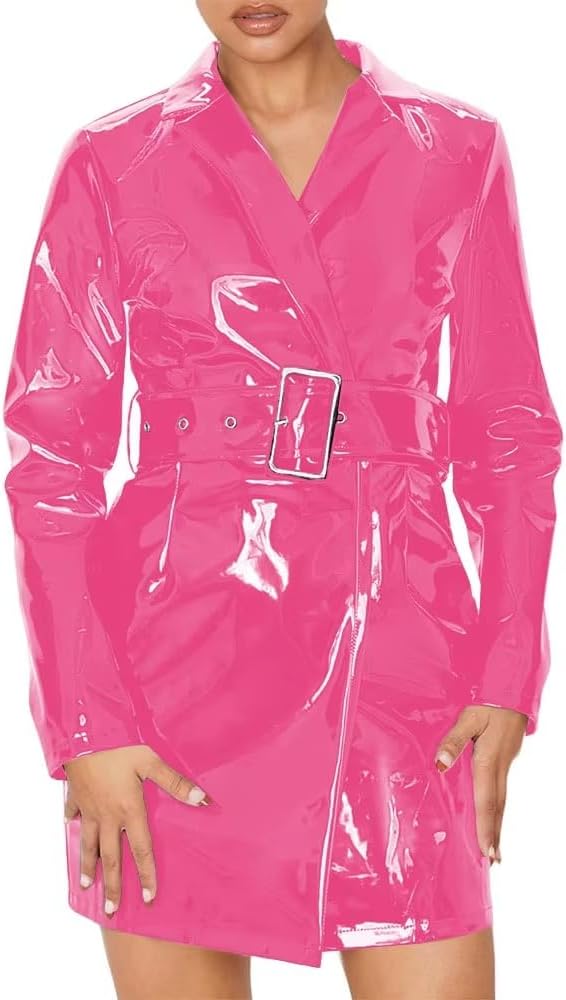 PVC Leather Trench Coat Fashion Lapel Collar Belt Trench Coat Office Ladies Slim Coats