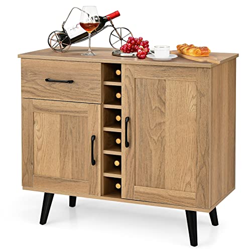 GIANTEX Buffet de Cuisine avec Casier à Vin pour 6 Bouteilles, Meuble de Bar à 2 Portes et 1...