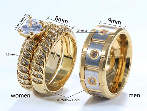 ringheart 2 Rings Couple Rings Bridal Sets Yellow Gold Plated Heart Cz Womens Wedding Ring Sets Titanium Steel Man Wedding Bands2