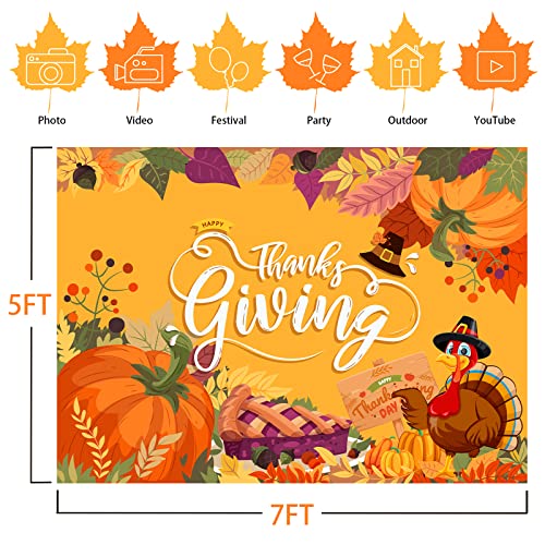 Image of Thanksgiving Backdrop, 84 inch x 60 inch Orange Polyester Thanksgiving Banner with Pumpkin, Maple Leaf & Turkey Design, Great for Photo Booth, Wall Decor, Party Supplies