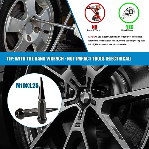 Image of JiiinMiiin M10x1.25 Long Steel Spike Lug Nuts, Thread Pitch 10x1.25, Set of 16 ATV Wheel Nuts with A Socket. [Black]