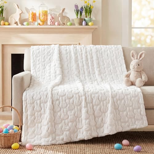 Moukeren Spring Easter Bunny Throw Blanket 50 x 60 - 3D Jacquard Bunny Throws Cozy Soft Rabbit Spring Plush Easter Gifts for Living Room Couch Sofa Bed Decor(White)