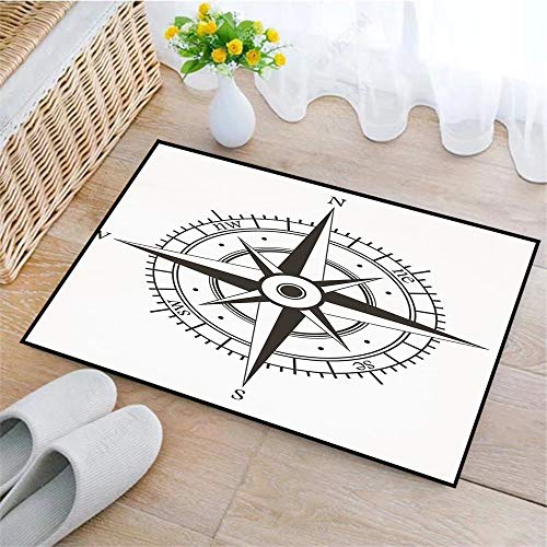 rutschfeste Badematte 45x75cm，Kompass-Dekor, Windrose Old Fashion Navigationsgeräte Orientierungslauf Illustration Print, grau weiß,Badteppich
