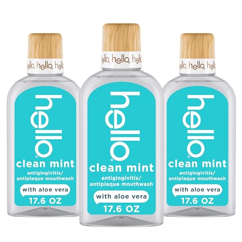 Hello Clean Mint Alcohol Free Mouthwash with Aloe Vera, 17.6 Fl Oz, Antigingivitis Gum Mouthwash with Farm Grown Mint, Fluoride Free, No Alcohol for Zero Burning, Vegan, Minty Oral Rinse, 3 Pack