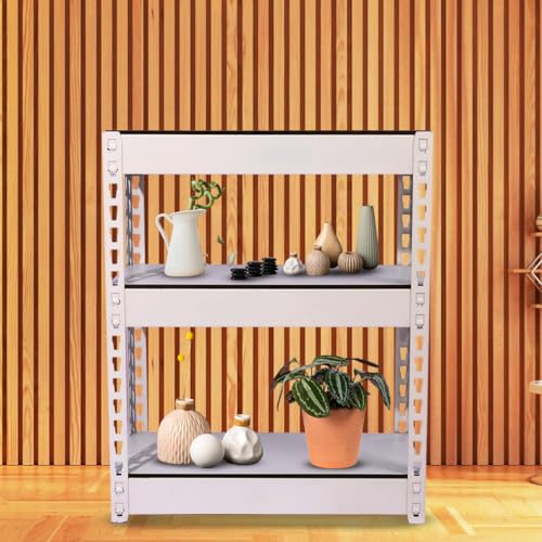 Image of SHIOK DECOR 3 Tier Iron Rack for Storage /Display Racks and Shelves /Storage Organizer /Adjustable Metal Shelf with Wooden Plank /Multipurpose Boltless Shelves (White)
