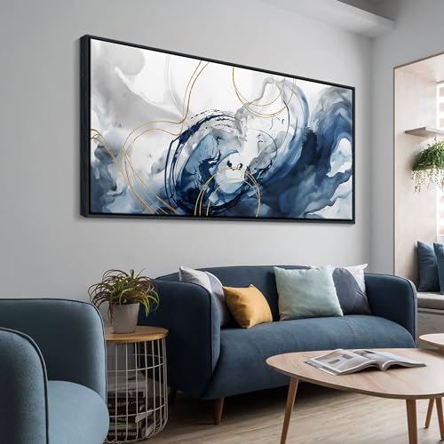 Image of Mofutinpo Large Framed Canvas Art Wall Art Blue Abstract Wall Decor Modern Home Decor Office Wall Decor Home Decorations for Living Room Minimalist Bedroom Artwork 29x58in