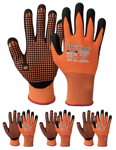 RUVIGRAB - Guante de Trabajo nitrilo FOAM puntos de PVC naranja Guantes para Jardinería, obra, agricultura, agarre y comodidad, Naranja/Negro
