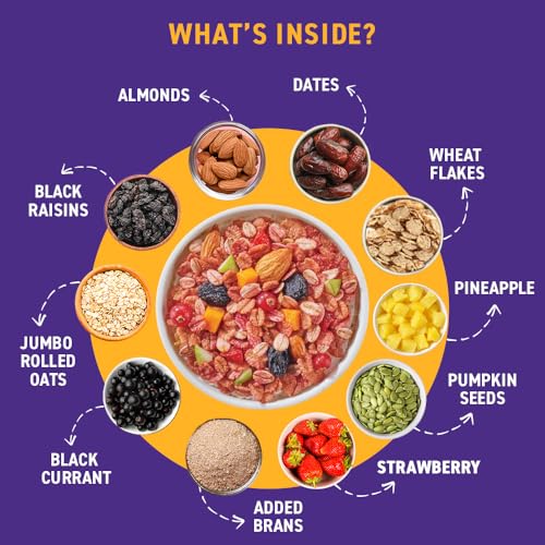 Image of Bagrry's Fruit & Fibre Muesli- Mixed Fruit 1kg Jar | 75% Fruits, Nuts, Seeds & Grains | Power of 12 Ingredients | With Strawberries, Apples, Pineapples, Oats & Seeds | High Fibre, Source of Protein, No Trans-Fat | Healthy Multigrain Breakfast Cereal | No Corn Flakes Muesli | No Presevatives