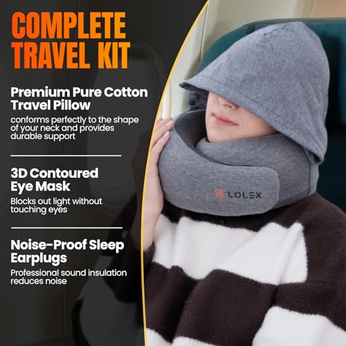 LOLEX™ Hooded Pro Travel Pillow - Memory Foam Neck Support Pillow for Airplane, Flight - Super-Soft Pure Cotton Fabric, Maximum Privacy & Light-Block Design, Lightweight Full Travel Kit - Light Grey - Image 5