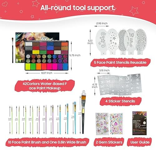 Image of Professional 42 Color Face Painting Kit For Kids And Adults | Non Toxic Water Activated Face Paint Palette With Uv Glow And Glitter Colors | Includes Brushes Stencils Gems