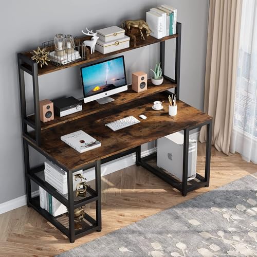 Image of Office Desk with Storage Shelves 140cm, Computer Desk with Bookshelf & Side Racks, Metal Frame Study Table for Home Office|Rustic Brown Color (140 x 60 x 150 CM) |DIY