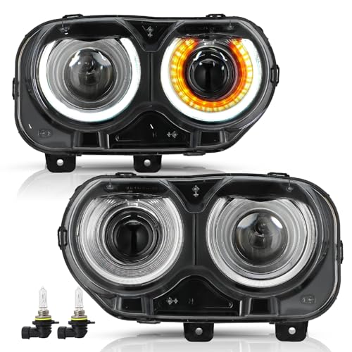 TUSDAR Halogen Headlight Assembly Replacement for 2015-2022 Dodge Challenger Projector Headlamp Driver and Passenger Sidewith all bulbs