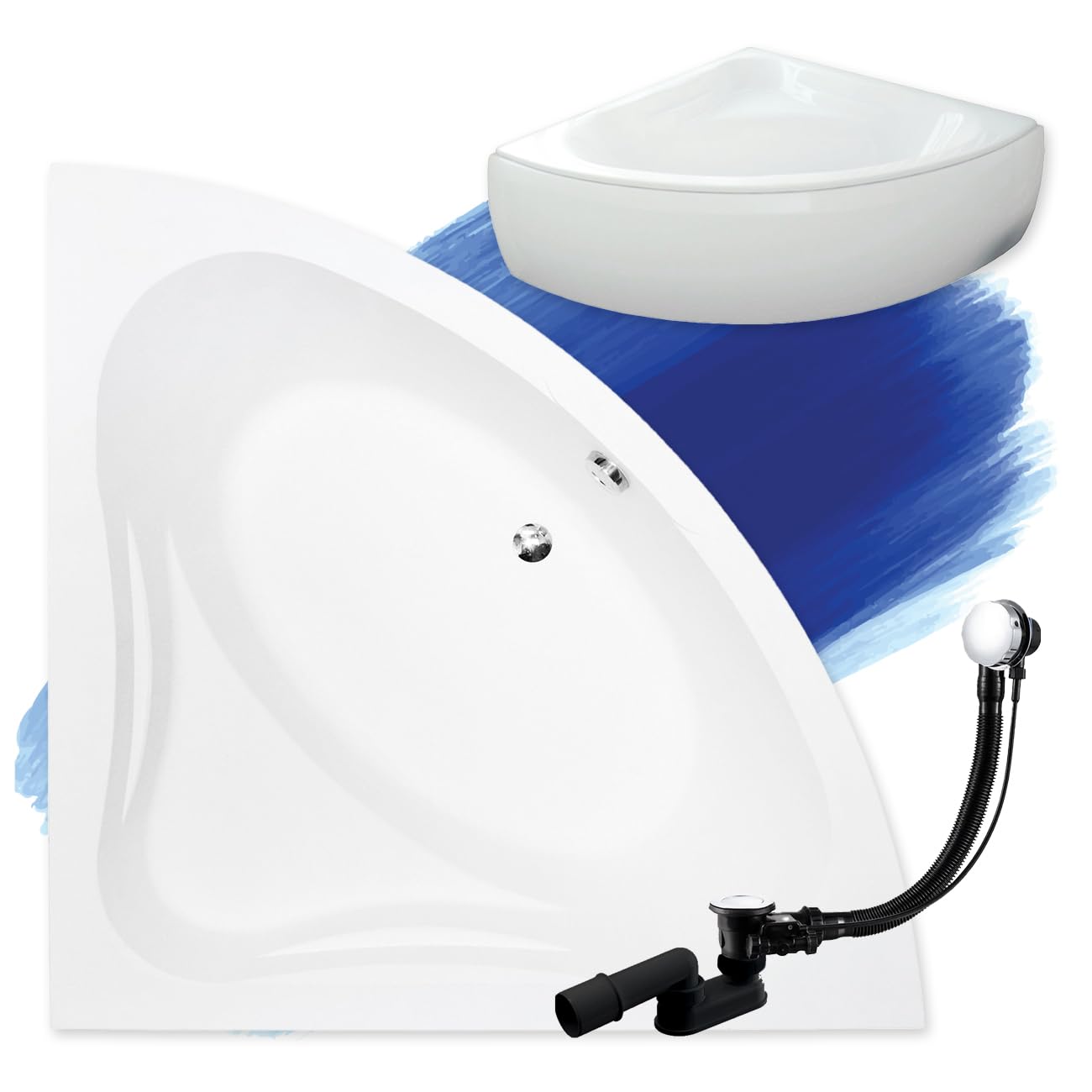 BADLAND Original Eckbadewanne Weiß Acryl Wanne Badewanne Mia 120x120 KOMPLET KOMPLETTSET SET Acrylschürze, Füßen und Premium Chrom Automatik Ablaufgarnitur Made in EU 4in1