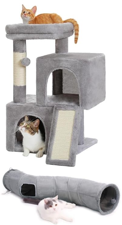PAWZ Road Cat Tree, 30 Inches Cat Tower Bundle with PAWZ Road Cat Tunnel Collapsible S Shape 10.5 Inches in Diameter