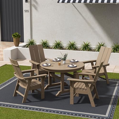 WestinTrends Ashore 5 Pieces Adirondack Outdoor Dining Set, All Weather Poly Lumber Slatted Modern Farmhouse Patio Furniture Set, 47" Trestle Round Table and 4 Adirondack Dining Chair, Weathered Wood