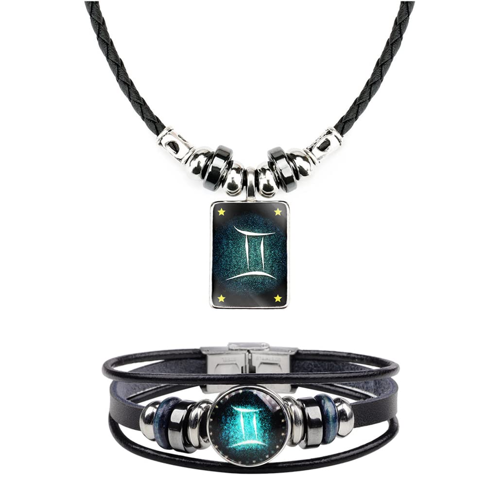 WLLWLLAY Retro 12 Constellations Beaded Hand Woven Leather Bracelet and Rectangle Pendant Necklace Zodiac Sign Jewelry Set