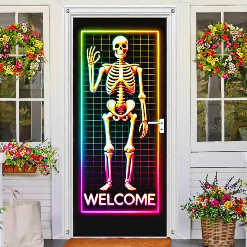 Image of BlissYard Door Cover Haunted House Skeleton 35x71 Inch Polyester