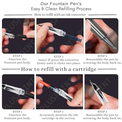 Image of PLUSPOINT Stainless Steel Fountain Pen Stunning Luxury Pen with Metalic Black Finish, Iridium Nib, Pen Gift for Men & Women, Professional, Executive Office, Nice Designer Pens for kids