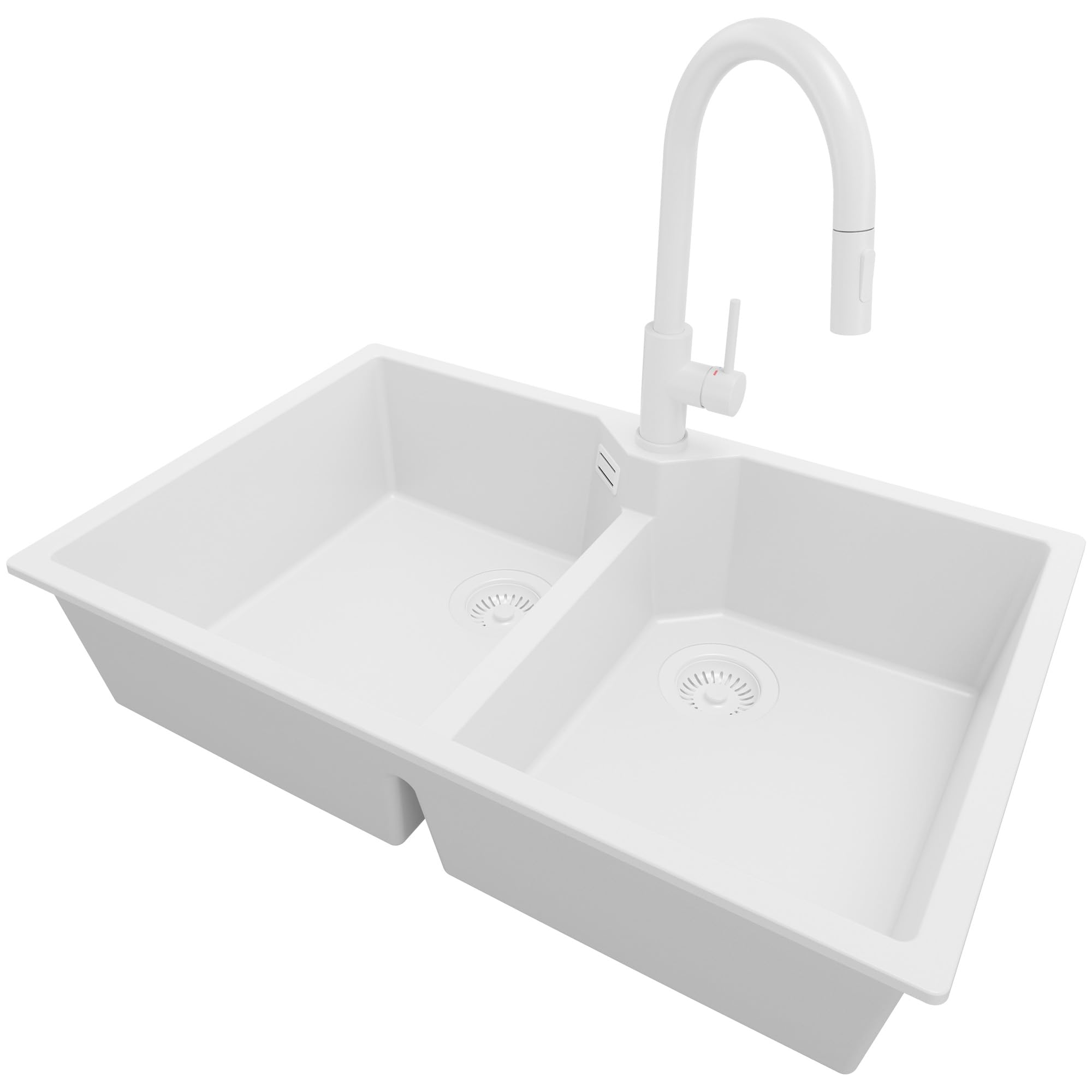 PRIMAGRAN Fregadero Granito Todo Blanco 78x50cm, Cocina 2 Senos + Grifo 40x20cm + Sifón, Sobre Encimera al Mueble 80cm - Madrid Twin S018