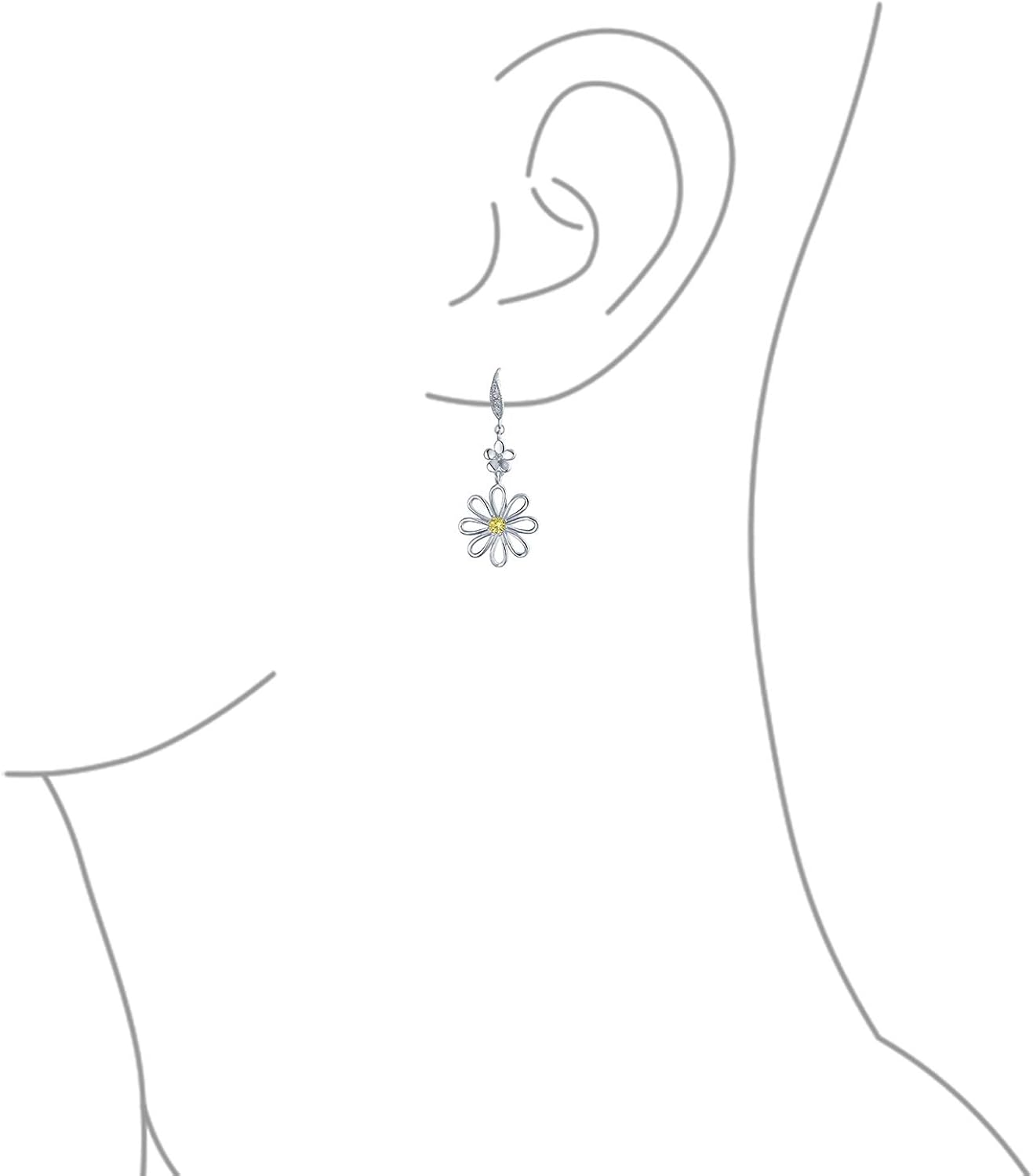 Floral Garden Wedding Canary Yellow Cubic Zirconia Accent Open Flower Shape CZ Daisy Dangle Earrings For Women French Wire Silver Plated - Image 4