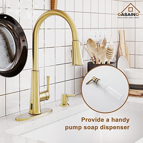 Casainc Kitchen Faucet With Pull Down Sprayer Brushed Gold With Led Function, Touchless 1.8 Gpm Single Handle Kitchen Sink Faucet, Lead-Free Copper For Bar Laundry Kitchen Sink #TOP4