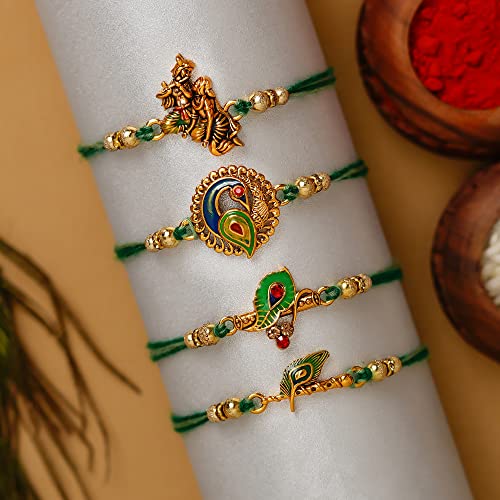 Image of eCraftIndia Set of 4 Multicolor Radha Krishna Playing Flute, Peacock, Krishna Flute, Peacock Feather Designer Religious Rakhis with Roli Chawal Pack and Best Bro Ever Fridge Magnet - Rakhi for Brother