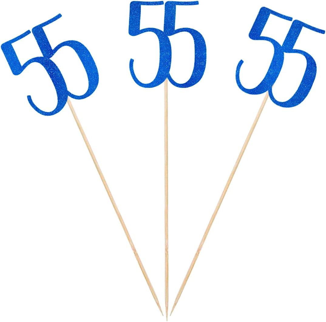 Blue Glitter 55th Birthday Centerpiece Sticks, 12-Pack Number 55 Table Topper Anniversary Party Decorations