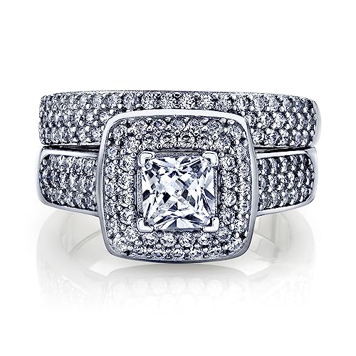 Women's 1Ct. Sterling Silver 925 Princess-cut Double Halo Cubic Zirconia Wedding Engagement Ring Set2