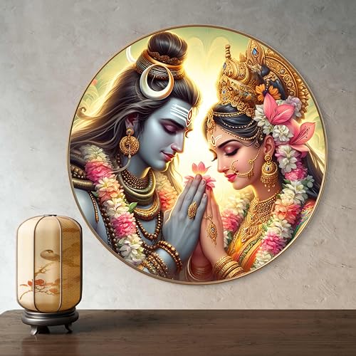 Image of Livin'luxe Radha Krishna Round Art Print with Golden Frame | HD Divine Floral Art Print for Pooja Room, Living Room & Temple Decor (20x20 Inch) Art-GRL-201