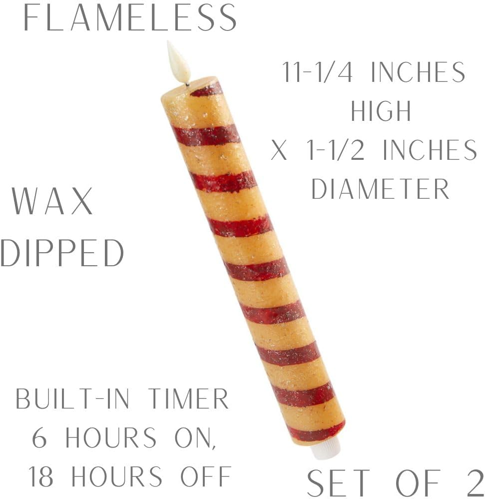 Factory Direct Craft Chunky Primitive Candy Cane LED Battery-Operated Taper Fit Bottom Candles with Timers Set of 2 - Christmas Candles for Holiday Displays and Decorating (11-1/4 Inches High)