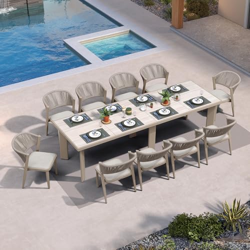 Image of PURPLE LEAF Outdoor Dining Set for 10 with HPL Table and Chairs Champagne